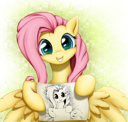 Size: 1600x1516 | Tagged: safe, artist:xn-d, edit, imported from derpibooru, fluttershy, female, note, paper, sign, smiling, solo