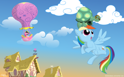 Size: 1920x1200 | Tagged: safe, artist:professorbasil, imported from derpibooru, pinkie pie, rainbow dash, tank, balloon, flying