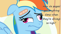 Size: 763x424 | Tagged: safe, edit, edited screencap, imported from derpibooru, screencap, rainbow dash, read it and weep, bandage, bandaid, derp, faic, female, high, insane pony thread, solo, tumblr, wavy mouth