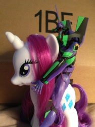 Size: 960x1280 | Tagged: safe, imported from derpibooru, rarity, eva-01, fashion style, irl, neon genesis evangelion, photo, riding, toy, toy pony cavalry