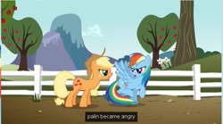 Size: 647x360 | Tagged: safe, imported from derpibooru, screencap, applejack, rainbow dash, the ticket master, fence, youtube caption