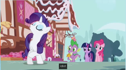 Size: 646x358 | Tagged: safe, imported from derpibooru, screencap, pinkie pie, rarity, spike, twilight sparkle, the ticket master, eyes closed, frown, idiot, raised eyebrow, raised hoof, smiling, youtube caption