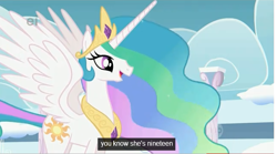 Size: 645x358 | Tagged: safe, imported from derpibooru, screencap, princess celestia, sonic rainboom (episode), ei, female, hub logo, solo, youtube caption