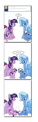 Size: 840x2672 | Tagged: safe, artist:dekomaru, imported from derpibooru, trixie, twilight sparkle, oc, oc:aurora, oc:nebula, pony, unicorn, tumblr:ask twixie, colt, female, filly, foal, lesbian, magical lesbian spawn, male, nap, offspring, parent:trixie, parent:twilight sparkle, parents:twixie, shipping, sleeping, speech bubble, tumblr, twixie, zzz