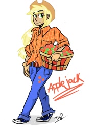 Size: 900x1200 | Tagged: safe, artist:coin-trip39, imported from derpibooru, applejack, human, apple, basket, female, hay stalk, humanized, solo, straw in mouth