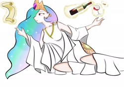 Size: 2332x1677 | Tagged: safe, artist:blossomxdexter4eva, imported from derpibooru, princess celestia, human, female, glass, humanized, levitation, magic, scroll, simple background, solo, wine