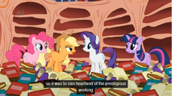 Size: 640x358 | Tagged: safe, imported from derpibooru, screencap, applejack, pinkie pie, rarity, twilight sparkle, book, golden oaks library, hub logo, hubble, iran, library, the hub, youtube caption