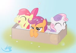 Size: 1700x1188 | Tagged: safe, artist:bugplayer, imported from derpibooru, apple bloom, scootaloo, sweetie belle, earth pony, pegasus, pony, unicorn, bite mark, box, cardboard box, cutie mark crusaders, female, filly, happy, packaging peanuts, pony in a box, unamused, varying degrees of want