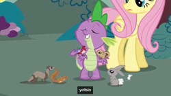 Size: 638x359 | Tagged: safe, imported from derpibooru, screencap, fluttershy, spike, bird, chipmunk, ferret, mouse, rabbit, squirrel, weasel, dragonshy, boris yeltsin, youtube caption