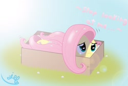 Size: 1570x1062 | Tagged: safe, artist:bugplayer, imported from derpibooru, fluttershy, pegasus, pony, box, cardboard box, cute, female, flutterbox, mare, packaging peanuts, pony in a box, prone, shy, shyabetes, solo