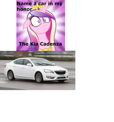 Size: 2340x2508 | Tagged: safe, imported from derpibooru, princess cadance, alicorn, caption, car, crown, female, image macro, jewelry, kia, kia cadenza, mare, namesake, pun, regalia, so much white space, text