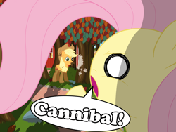 Size: 4000x3000 | Tagged: safe, artist:bugplayer, imported from derpibooru, applejack, fluttershy, earth pony, pegasus, pony, cannibalism, caught, duo, duo female, eating, female, mare, nom, pointing, shocked, tree, wat, wide eyes