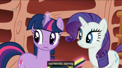 Size: 640x358 | Tagged: safe, imported from derpibooru, screencap, rarity, twilight sparkle, sonic rainboom (episode), ei, golden oaks library, hub logo, youtube caption