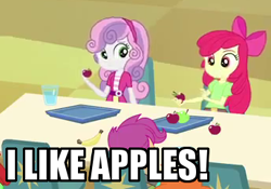 Size: 344x241 | Tagged: safe, edit, edited screencap, imported from derpibooru, screencap, apple bloom, scootaloo, sweetie belle, equestria girls, equestria girls (movie), apple, captain obvious, cutie mark crusaders, image macro