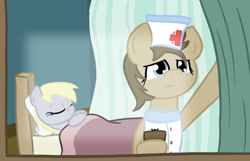 Size: 700x450 | Tagged: safe, artist:lilliesinthegarden, imported from derpibooru, derpy hooves, doctor whooves, time turner, pegasus, pony, bed, clipboard, curtains, female, hospital, mare, nurse turner, pregnant, sleeping