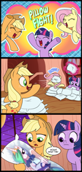 Size: 807x1700 | Tagged: safe, artist:madmax, imported from derpibooru, applejack, fluttershy, princess celestia, twilight sparkle, alicorn, earth pony, pegasus, pony, body pillow, bonk, comic, female, funny, golden oaks library, implied lesbian, implied shipping, implied twilestia, lesbian, magic, mare, pillow, pillow fight, shipping, sleepover, sweat, sweatdrops, twilestia, twilight sparkle (alicorn), waifu pillow