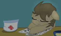 Size: 593x358 | Tagged: safe, artist:lilliesinthegarden, imported from derpibooru, doctor whooves, time turner, desk, exhausted, hat, male, night, nurse turner, paper, sleeping, solo