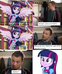 Size: 599x719 | Tagged: safe, imported from derpibooru, twilight sparkle, human, equestria girls, equestria girls (movie), are equestrian girls human?, clothes, comic, equestria girls plus, equestria girls prototype, implied mutation, living doll, mutation, obsession, ponied up, skirt, snickers, twilight sparkle (alicorn), twismile, you're not you when you're hungry