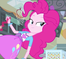 Size: 567x512 | Tagged: safe, imported from derpibooru, screencap, pinkie pie, equestria girls, equestria girls (movie), apple cider, balloon, bedroom eyes, bracelet, clothes, female, jewelry, skirt, solo