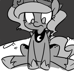 Size: 800x800 | Tagged: safe, artist:sasukeoreo, imported from derpibooru, princess luna, female, filly, monochrome, sitting, solo, woona, younger