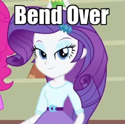 Size: 402x398 | Tagged: safe, imported from derpibooru, rarity, equestria girls, equestria girls (movie), bend over, caption, meme