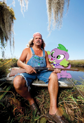 Size: 326x478 | Tagged: safe, imported from derpibooru, spike, dog, human, bruce mitchell, crocs, crossover, duo, gun, history channel, irl, irl human, open mouth, overalls, photo, sitting, spike the dog, swamp people