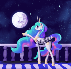 Size: 2436x2350 | Tagged: safe, artist:dalagar, imported from derpibooru, princess celestia, alicorn, pony, crying, female, mare, moon, night, sad, solo, stars