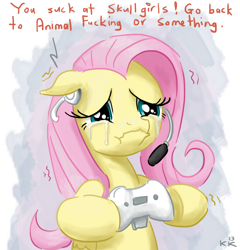 Size: 950x988 | Tagged: safe, artist:king-kakapo, imported from derpibooru, fluttershy, pegasus, pony, abuse, crying, female, flutterbuse, fluttercry, gamershy, mare, solo, video game, vulgar