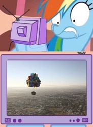 Size: 657x900 | Tagged: safe, imported from derpibooru, rainbow dash, balloon, exploitable meme, house, tv meme, up