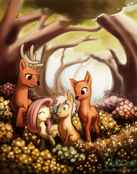 Size: 943x1200 | Tagged: safe, artist:whitestar1802, imported from derpibooru, fluttershy, oc, butterfly, deer, pegasus, animal, deer oc, flower, scenery, tree