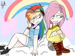 Size: 640x480 | Tagged: safe, artist:gi-cca, imported from derpibooru, fluttershy, rainbow dash, human, clothes, duo, female, flutterdash, humanized, lesbian, off shoulder, shipping, shoulder shirt, sweater, sweatershy, t-shirt