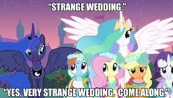 Size: 1280x720 | Tagged: safe, edit, edited screencap, imported from derpibooru, screencap, applejack, fluttershy, princess celestia, princess luna, rainbow dash, rarity, a canterlot wedding, alternate hairstyle, bridesmaid dress, clothes, dress, image macro, spread wings, the princess bride, wings