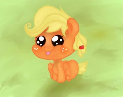 Size: 3425x2716 | Tagged: safe, artist:falloutmuse, imported from derpibooru, applejack, female, foal, sitting, solo, tongue out