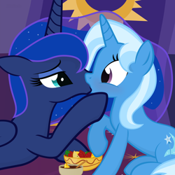 Size: 1400x1400 | Tagged: safe, artist:the smiling pony, imported from derpibooru, princess luna, trixie, alicorn, pony, unicorn, duo, duo female, female, food, fruit, fruit bowl, kiss on the lips, kissing, lesbian, luxie, mare, missing accessory, shipping