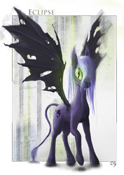 Size: 1080x1525 | Tagged: safe, artist:akurion, imported from derpibooru, oc, oc only, bat pony, pony, cold in gardez, concept art, ear fluff, eclipse, leonine tail, messy mane, signature, slit pupils, solo, text, torn wings, wings