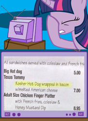 Size: 562x771 | Tagged: safe, imported from derpibooru, twilight sparkle, bacon, exploitable meme, facehoof, fail, hot dog, meme, menu, tv meme