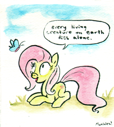 Size: 518x577 | Tagged: safe, artist:mumbles, imported from derpibooru, fluttershy, butterfly, pegasus, pony, dissonant caption, female, prone, smiling, solo, speech bubble, subversive kawaii, text