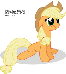 Size: 1280x1436 | Tagged: safe, imported from derpibooru, applejack, earth pony, pony, applejack's hat, ask, cowboy hat, depressed, female, hat, mare, sad, simple background, sitting, solo, tumblr, tumblr:ask depressed applejack, unhapplejack, vector, white background, y'all