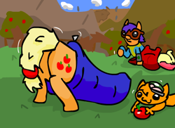 Size: 550x400 | Tagged: safe, artist:caitsith511, imported from derpibooru, apple bloom, applejack, oc, oc:bit goggles, pony, apple, applebucking thighs, butt, plot, sleeping bag, sweet apple acres