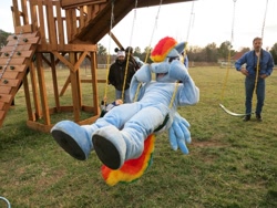 Size: 960x720 | Tagged: safe, artist:judhudson, imported from derpibooru, rainbow dash, human, fursuit, irl, irl human, photo, swing, swinging