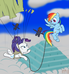 Size: 1201x1288 | Tagged: safe, alternate version, artist:phallen1, imported from derpibooru, rainbow dash, rarity, falling, parachute, pyramid