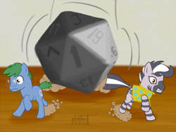 Size: 903x680 | Tagged: safe, artist:phallen1, imported from derpibooru, oc, oc only, oc:fetchbeer, oc:software patch, earth pony, pony, zebra, clothes, d20, dice, dungeons and dragons, duo, figurine, gaming miniature, glasses, male, miniature, shirt, stallion