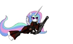 Size: 1023x614 | Tagged: safe, artist:undeadscorpiondraws, imported from derpibooru, princess celestia, princess molestia, armor, female, minigun, planetside, planetside 2, power armor, solo, terran republic, trbait, weapon