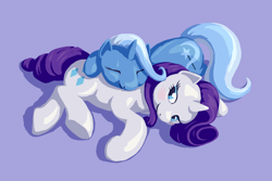 Size: 1950x1300 | Tagged: safe, artist:dahtamnay, imported from derpibooru, rarity, trixie, pony, unicorn, blushing, female, lesbian, mare, pony pillow, prone, rarixie, shipping, snuggling