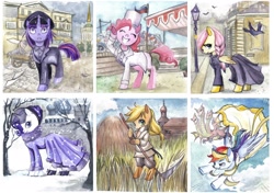 Size: 2512x1772 | Tagged: safe, artist:paulina-ap, imported from derpibooru, applejack, fluttershy, pinkie pie, rainbow dash, rarity, twilight sparkle, anna karenina, clothes, crime and punishment, crossover, mane six, russia, russian, russian empire, russian literature, shout out, snow, snowfall, traditional art