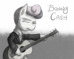 Size: 753x600 | Tagged: safe, artist:atlur, deleted from derpibooru, imported from derpibooru, bon bon, sweetie drops, bonafied, bonpun, guitar, johnny cash, monochrome, pun, solo