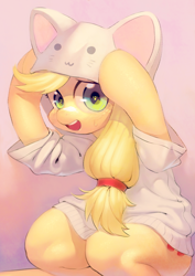 Size: 2480x3508 | Tagged: safe, artist:aruurara, imported from derpibooru, applejack, cat, earth pony, pony, applecat, cat hoodie, cat's pajamas, clothes, costume, female, hoodie, kigurumi, mare, open mouth, pajamas, solo, sweat, sweatdrops, wingding eyes