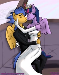 Size: 1857x2346 | Tagged: safe, artist:reashi, imported from derpibooru, flash sentry, twilight sparkle, anthro, equestria girls, equestria girls (movie), clothes, dress, duo, eyes closed, female, flashlight, kissing, male, straight, suit, wedding dress