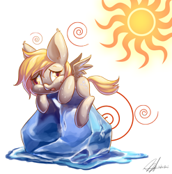 Size: 3528x3565 | Tagged: dead source, safe, artist:jggjqm522, imported from derpibooru, derpy hooves, pegasus, pony, chibi, female, hot, ice, mare, solo, sun, sweat