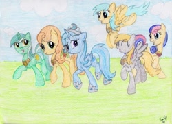 Size: 787x571 | Tagged: safe, artist:rarityforever, imported from derpibooru, applejack, bon bon, carrot top, derpy hooves, fluttershy, golden harvest, lyra heartstrings, pinkie pie, rainbow dash, rarity, sunshower raindrops, sweetie drops, trixie, twilight sparkle, alicorn, earth pony, pegasus, pony, unicorn, alicornified, alternate universe, background six, element of muffins, elements of harmony, luna six, lunaverse, mane six, race swap, traditional art, trixiecorn